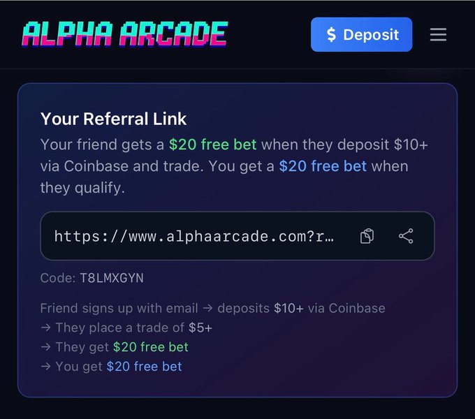 The image presents a screenshot of a page from an Alpha Arcade online casino website, showing its referral system. The main feature displayed is an advertisement for a free online gambling game called "20 Free Bet", with a link for users to sign up at the site to participate in this free bet promotion. The advertisement appears to be on a screen or mobile device displaying the website's content and features.