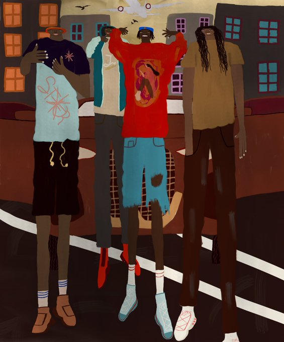 A stylized illustration of four young men standing on a basketball court at dusk with city buildings in the background; the central figure wears a red shirt with a face design and raises his arms.