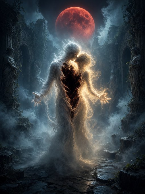A dark, gothic fantasy digital artwork depicting two ethereal, glowing figures embracing beneath a blood-red moon, set among ancient stone ruins shrouded in mist.