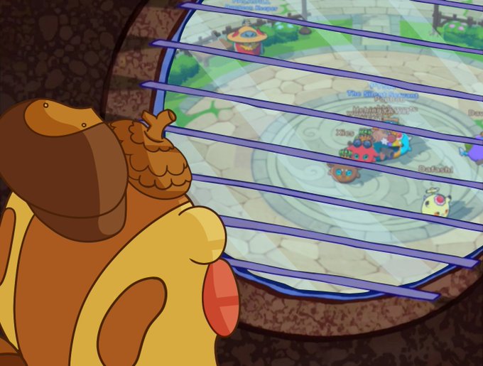 A brown bird-like character named Tripp peers through a barred window at a virtual game world where other players have gathered around a central object. The image humorously illustrates Tripp being locked out and missing the Playtest 3 of Atia's Legacy, emphasizing the post's message to check one's email for an invite code.