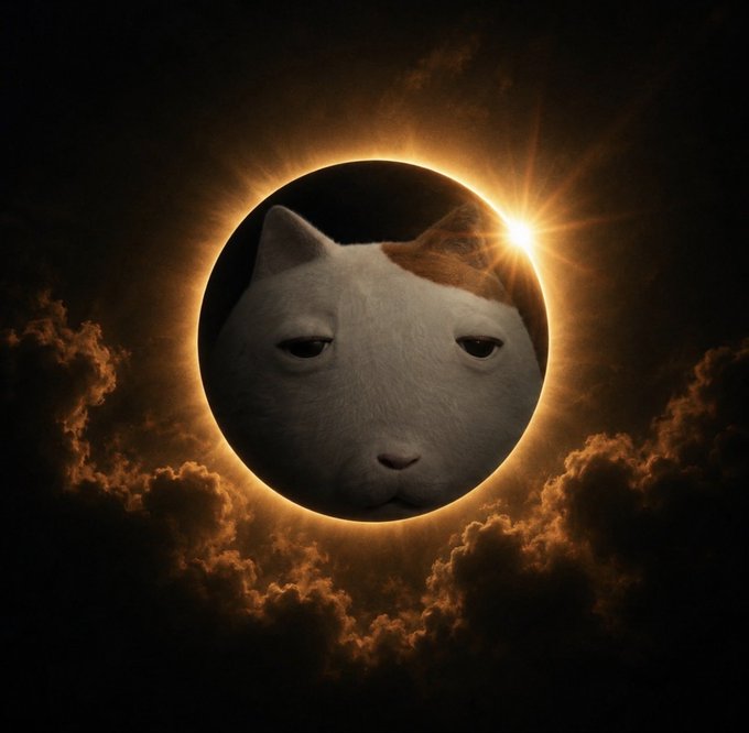 A surreal digital artwork showing a grumpy white and orange cat's face inside a glowing solar eclipse, surrounded by dark clouds.