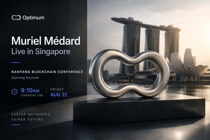 A promotional graphic for an 'Optimum' event featuring a silver infinity symbol sculpture with the Singapore skyline in the background, advertising a keynote by Muriel Médard.