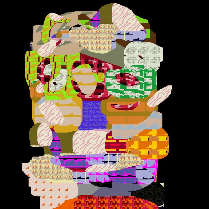 An abstract digital artwork composed of colorful rectangular and oval shapes with various patterns and textures on a black background.