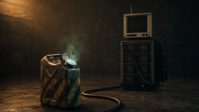 A jerrycan with yellow and black hazard stripes steams ominously next to a cryptocurrency mining rig, symbolizing the $HRIG token's launch on HyperEVM. The image visually represents the concept that $HRIG provides the "fuel" to power mining rigs, as stated in the accompanying post.