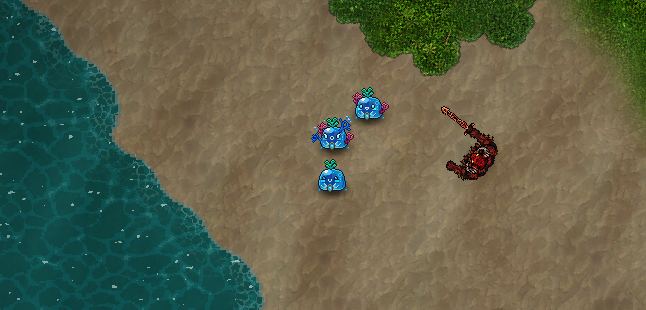 A top-down 2D game scene shows three blue slug-like creatures with crowns near a red-armored character holding a staff on a sandy beach beside water.