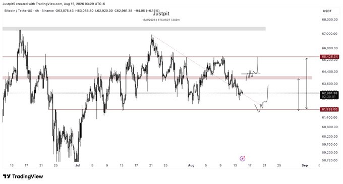 A TradingView chart titled 'Jstspit' showing Bitcoin/TetherUS on Binance over a 4-hour timeframe from July to September 2026, with key price levels marked at 65,428.54, 62,881.38, and 61,938.00.