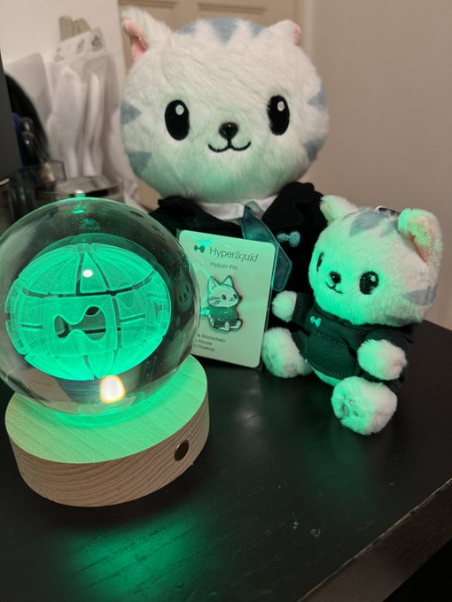 Two plush cat toys and a glowing green spherical lamp featuring a Death Star design, alongside a "Hyperliquid Yapper Pass" card, displayed on a dark wooden surface.