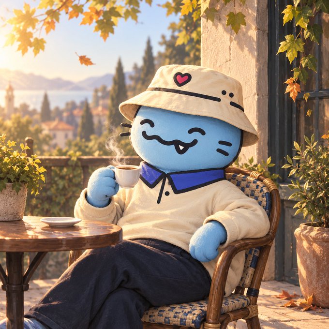 A blue cartoon cat-like character wearing a beige bucket hat and sweater sits in a wicker chair at a cafe, holding a cup of coffee with a Mediterranean view in the background.