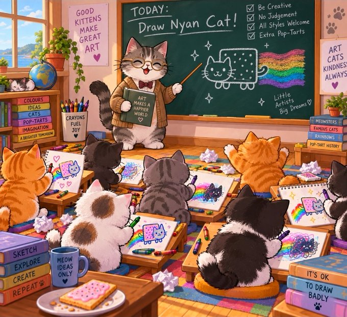 A whimsical illustration of a cat teacher leading an art class, with kittens at desks drawing colorful Nyan Cat illustrations; the chalkboard reads 'TODAY: Draw Nyan Cat!'