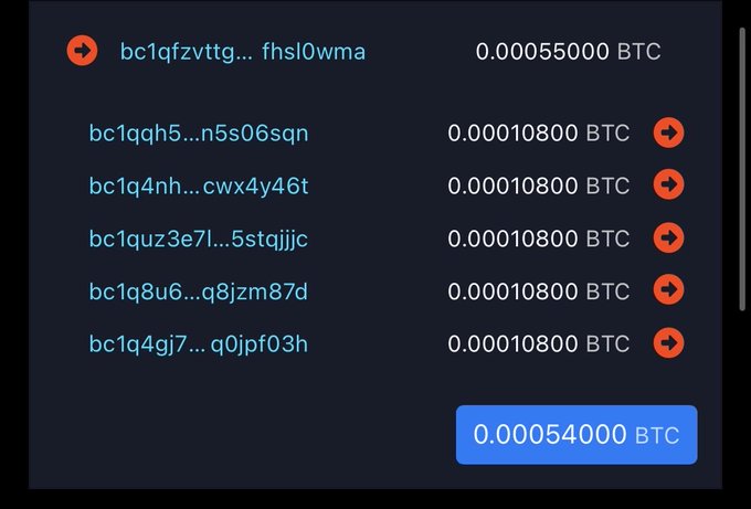 A cryptocurrency wallet interface displays six Bitcoin addresses with balances of either 0.00055000 BTC or 0.00010800 BTC, totaling 0.00054000 BTC as shown in the highlighted button. The stark numerical contrast visually echoes the caption's sentiment about harsh mathematical realities, illustrating how minor differences in decimals reveal an underlying sorting mechanism that separates small holdings from larger ones.
