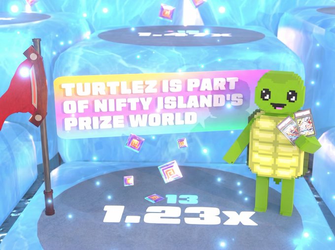 A pixelated green turtle character named Turtlez holds trading cards in an icy game world, with a sign announcing "TURTLEZ IS PART OF NIFTY ISLAND'S PRIZE WORLD" and "1.23X" displayed on the platform, visually promoting the game's new prize system.