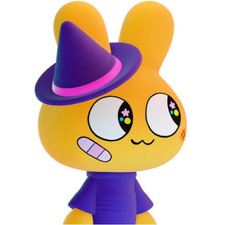 A 3D render of a yellow cartoon bunny-like character wearing a purple witch hat and purple shirt, featuring star-shaped pupils and a small bandage on its cheek.