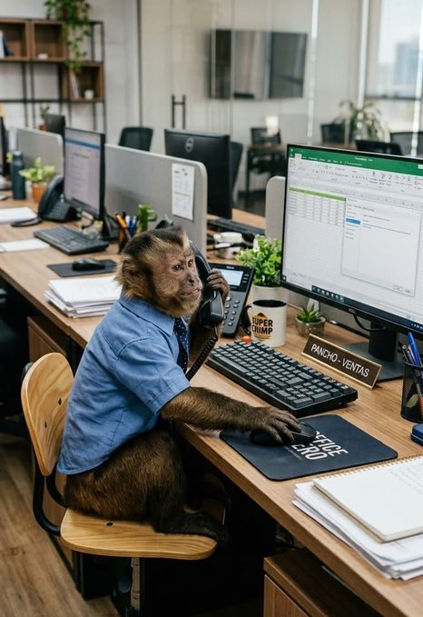 A monkey dressed in a blue shirt and tie sits at an office desk using a computer, with a nameplate reading 'PANCHO - VENTAS' on the desk.