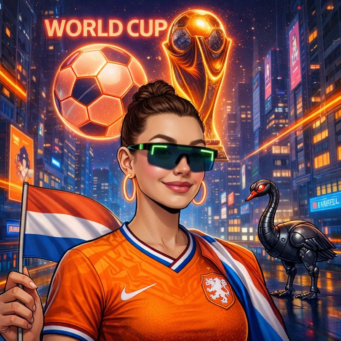 The image features a woman wearing an orange shirt and sunglasses standing next to a soccer ball with a trophy, surrounded by various city lights and billboards. The caption of the image reads "Finally a decent day and no surprises at the @FIFAWorldCup! Messi is amazing but Mbappe and Haaland are the future! We are stuck with Cody! Time for a cold brew paid with $ETH !" This suggests that the woman might be attending or hosting an event related to the World Cup, possibly as part of a promotional campaign. The presence of the trophy indicates that it is a significant event in the world of soccer.
