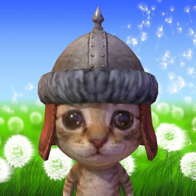 A cute chibi-style character wearing a fur-trimmed metal helmet, with big brown eyes, standing in a grassy field filled with dandelion seed heads under a bright blue sky with floating seeds.