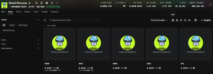 A screenshot of an NFT marketplace showing a collection called "Retail Shrooms" with a floor price of 0.0252 ETH, displaying several mushroom character avatars currently marked as "Connect not available yet."