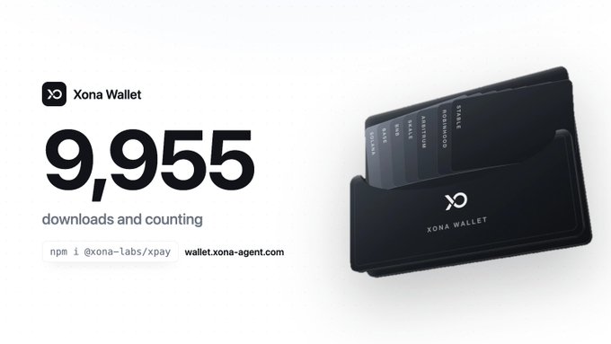 An advertisement for 'Xona Wallet' displaying '9,955 downloads and counting' alongside an image of a black wallet holding several cards, with the npm command 'npm i @xona-labs/xpay'.