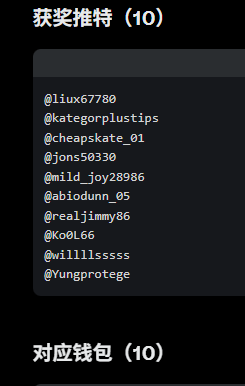 The image shows a winner's list titled "获奖推特 (10)" (Winning Tweets) featuring 10 Twitter/X handles including @liux67780, @kategorplusips, @cheapskate_01, and @Yungprotege, with the bottom indicating "对应钱包 (10)" (Corresponding Wallets). This serves as the official winner announcement for the NFT collection giveaway mentioned in the post, where the 10 winners are directed to mint their free NFT on OpenSea.