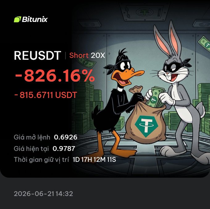 The image features a cartoon scene with two cartoon characters, a duck named Donald Duck and a rabbit named Bun Bun, interacting with each other. They are standing next to a pile of money. The background of the image displays text that reads "REUSDT Short 20x", which means the price of this particular asset on that day is $20. Additionally, there's another text element that says "€8.16" and "$8.71", suggesting the exchange rate between EURO and US Dollar at the time of the transaction depicted in the image.