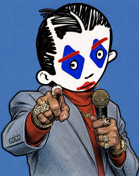An illustrated cartoon-style portrait of a man with slicked-back hair, blue and red face paint, multiple rings including one labeled 'RIP TARD', a '589' necklace, holding a gold microphone against a blue background.