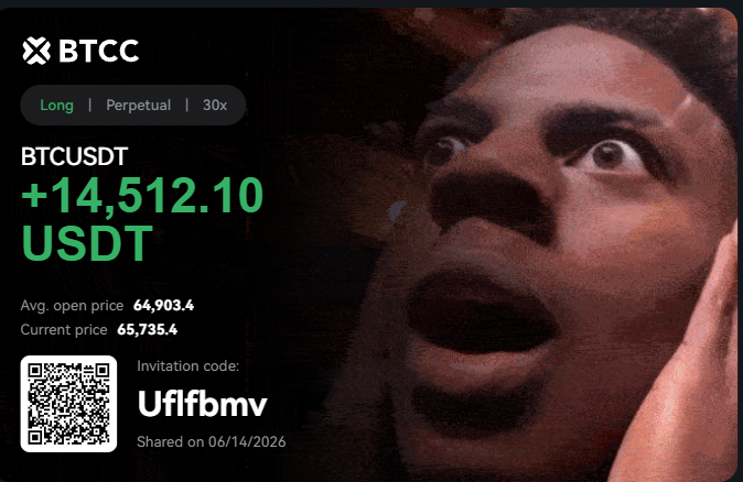 The image shows a man's face with his mouth open, as if he has just said something or is about to say something. The background of the image is black, which contrasts with the white text that reads "BTCCExchange". This suggests that the image might be related to a post on social media or an advertisement for a cryptocurrency exchange. The caption at the bottom of the image provides information about the exchange and its rewards program.