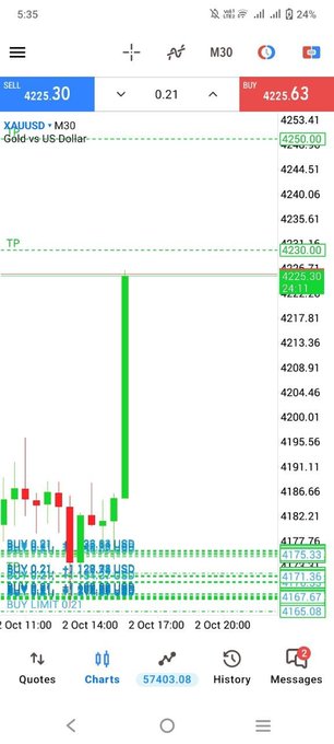 A mobile trading app screenshot showing an XAU/USD (Gold vs. US Dollar) chart for the M30 timeframe, with a SELL entry at 4225.30, BUY at 4225.63, and current price at 4253.41.