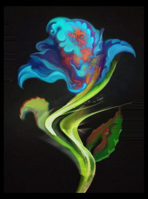 An abstract digital artwork on a black background featuring a vibrant blue and orange flower-like bloom with a flowing green and yellow stem.