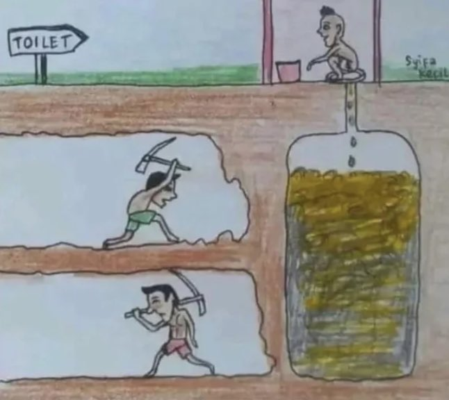A hand-drawn cartoon shows a person squatting to defecate into an underground container that fills with waste, while other figures below dig through the accumulated filth with pickaxes searching for something valuable, with a "TOILET" sign visible. The illustration metaphorically depicts crypto users as miners sifting through ever-growing piles of low-quality airdrops and testnet projects, digging for value while most opportunities have already been "flushed."