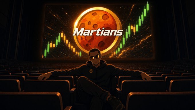 A person wearing sunglasses sits in a movie theater with arms resting on the seats, with a screen displaying the word "Martians" in front of a moon and stock chart graphics.