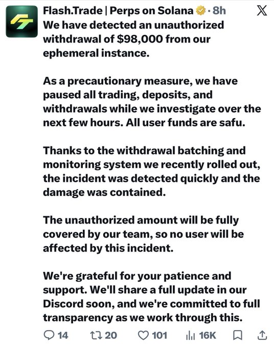A tweet from Flash.Trade | Perps on Solana announcing an unauthorized withdrawal of $98,000 from their ephemeral instance, with trading paused and user funds stated as safe.