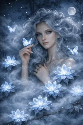 A fantasy digital illustration of a pale woman with long flowing white hair surrounded by glowing blue lotus flowers and butterflies in a misty, moonlit setting.