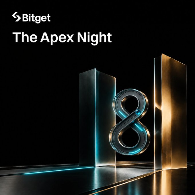 The image shows a sleek 3D-rendered scene with a metallic figure-eight symbol framed by two pillars—one dark and one gold—under the Bitget logo with the text "The Apex Night." The figure-8 evokes infinity and exclusivity, visually reinforcing the post's invitation to a premier, industry-only evening event hosted by Bitget.