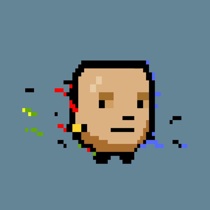 A low-resolution, pixel art style illustration of a bald man's face on a plain blue-gray background, featuring scattered glitch-like colorful pixels on the left side of his face.