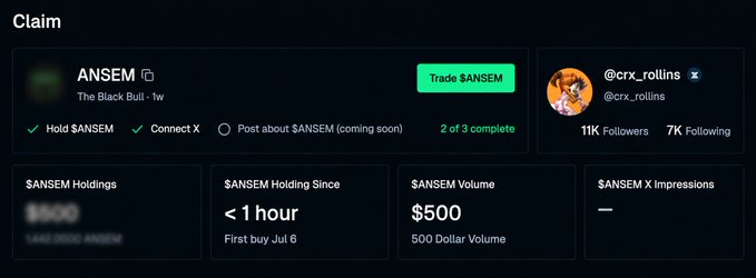 A claim page for the $ANSEM token showing details for user @crx_rollins with 1,300+ holdings, first buy on Jul 6, and $500 volume.