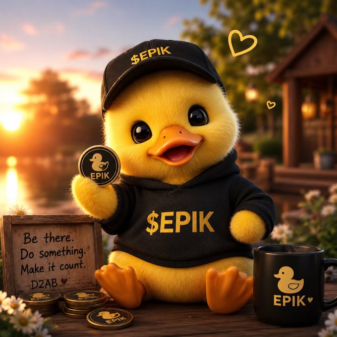 A fluffy yellow duck wearing a black hoodie and cap branded '$EPIK' sits beside a coffee mug and coins, next to a sign reading 'Be there. Do something. Make it count. D2AB'.