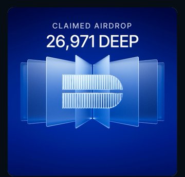A digital graphic on a blue background displays 'CLAIMED AIRDROP 26,971 DEEP' above a stylized 'D' logo made of layered translucent panels.