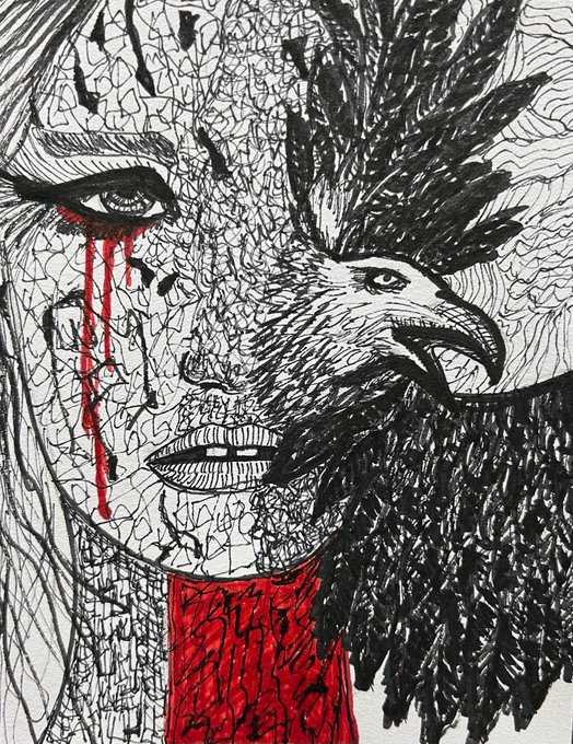 This black and white ink drawing, titled "Blood of the Eagle," features a face merged with an eagle, accented by vivid red blood dripping from an eye and a red collar. The intricate, hatched linework creates a surreal portrait of the piece recently acquired by @ReachROCKIN.