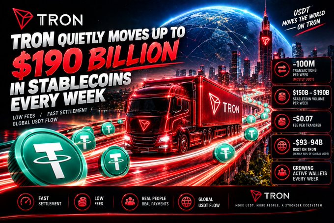 Tron promotional graphic stating 'TRON QUIETLY MOVES UP TO $190 BILLION IN STABLECOINS EVERY WEEK', featuring a red Tron truck on a highway with stats like '~$0.07 FEE PER TRANSFER' and '$150B-$190B STABLECOIN VOLUME PER WEEK'.