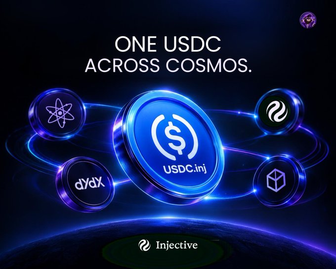 Promotional graphic featuring a central USDC coin with 'ONE USDC ACROSS COSMOS.' text, surrounded by logos including Cosmos, dYdX, Injective, and others on a cosmic blue background.