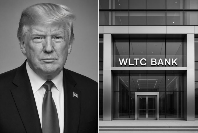 This image juxtaposes Donald Trump with a building labeled "WLTC BANK," implying a connection between Trump and the newly licensed World Liberty Trust Company. The text from the post explains that WLTC Bank received a preliminary bank license to issue and custody their own USD stablecoin, which is a first for a sitting president's company.