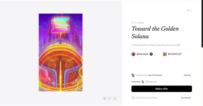 A screenshot of an NFT marketplace listing titled 'Toward the Golden Solana' by creators @barokah and MUSHcULT, showing a vibrant pink and yellow neon artwork, owned by @dragonpool.