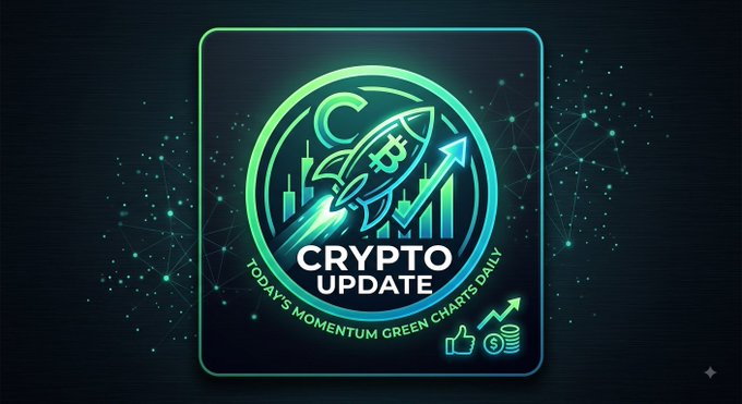 A neon green “CRYPTO UPDATE” graphic features a Bitcoin rocket, rising market charts, and the text “Today’s Momentum Green Charts Daily,” echoing the post’s positive Sunday crypto momentum.