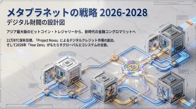 Japanese promotional graphic titled 'メタプラネットの戦略 2026-2028' (Metaplanet's Strategy 2026-2028) outlining a 'Blueprint for Digital Financial Empire' transition from Asia's largest Bitcoin treasury to a financial conglomerate, featuring a 21万BTC (210,000 BTC) reserve target called 'Project Nova' and 'Year Zero' in 2028 for full global ecosystem launch.