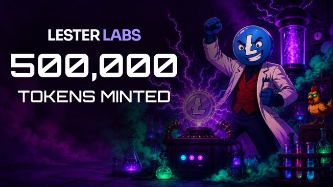 A promotional graphic reading 'LESTER LABS 500,000 TOKENS MINTED' featuring a blue-faced mascot character in a lab coat surrounded by glowing potions.