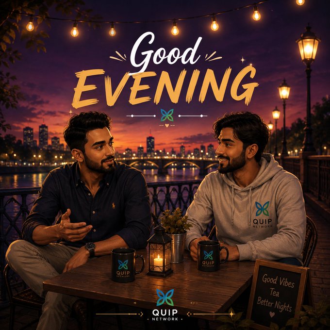 An AI-generated promotional graphic for 'QUIP NETWORK' featuring two men at a riverside cafe table during sunset with mugs branded with the QUIP logo, decorated with text reading 'GOOD EVENING' and 'Good Vibes Tea Better Nights'.