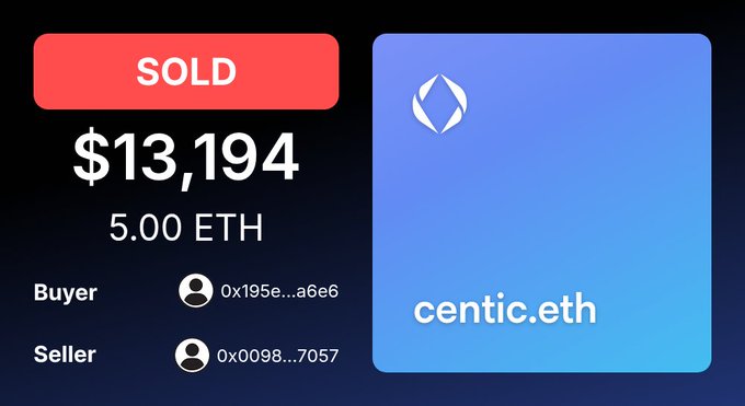 A digital transaction record shows a SOLD item for $13,194 (5.00 ETH) for the domain 'centic.eth' between a buyer and seller.