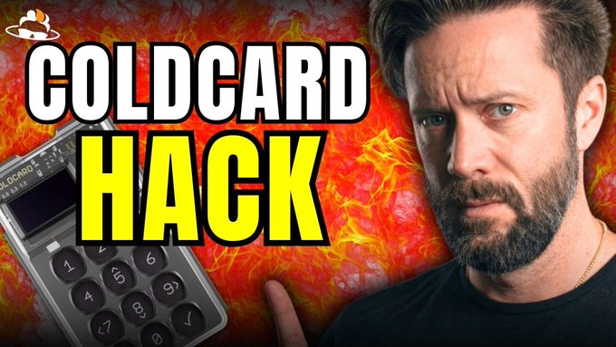 This image shows a "COLDCARD HACK" with a cryptocurrency hardware wallet and a man's face, hinting at a live support stream about the topic.