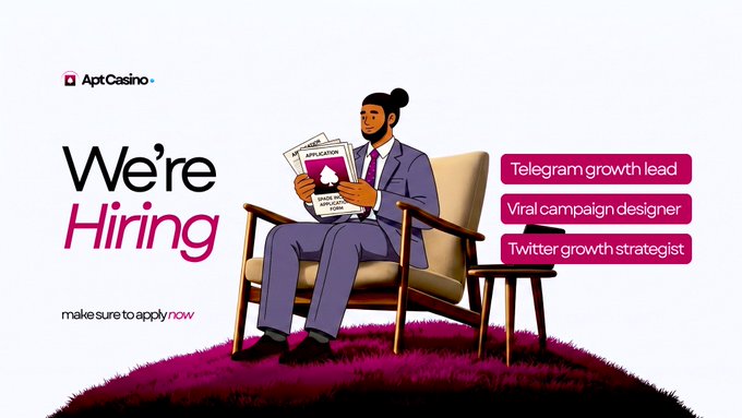 The image features an advertisement for APT-Casino, which is expanding its team of employees. The poster includes a cartoon illustration of a man sitting in a chair with a book open in front of him. The text on the poster reads "We're Hiring" and provides information about various job openings at the casino. The post also mentions that the company is looking for people who want to work there, specifically focusing on moderation, video campaign designer, X growth strategist, and social media growth strategist roles.