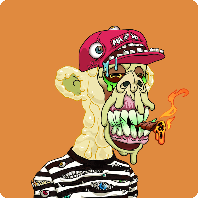 Cartoon illustration of a grotesque zombie-like character with melting yellow flesh, wearing a red 'MAKE' cap and smoking a joint, against an orange background.