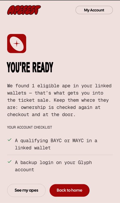 A mobile screen displaying an 'APEREST' NFT ticket sale eligibility page confirming 'YOU'RE READY' with 1 eligible ape found in linked wallets.